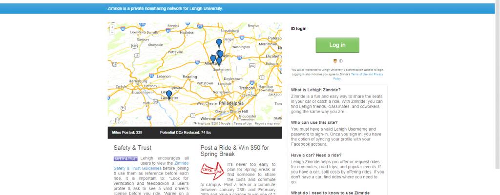 Screenshot of Lehigh's ZimRide home screen 