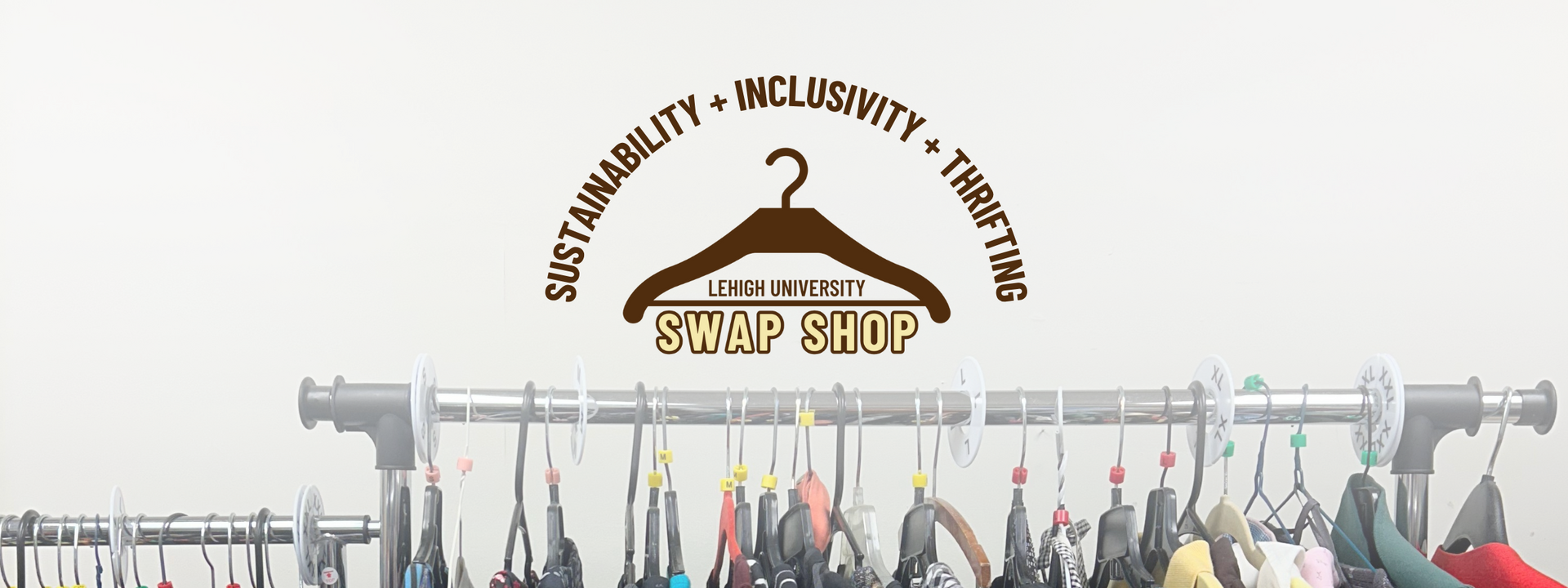 Swap Shop Logo over a rack of clothing